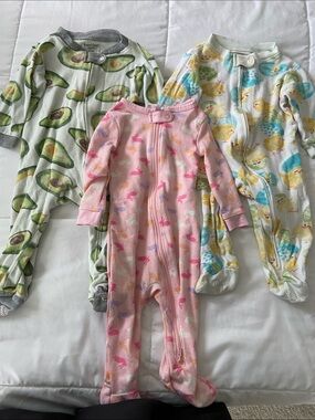 3 Baby Zip Footed Pajamas - Avocado, Pink bunnies, Yellow Chick Prints